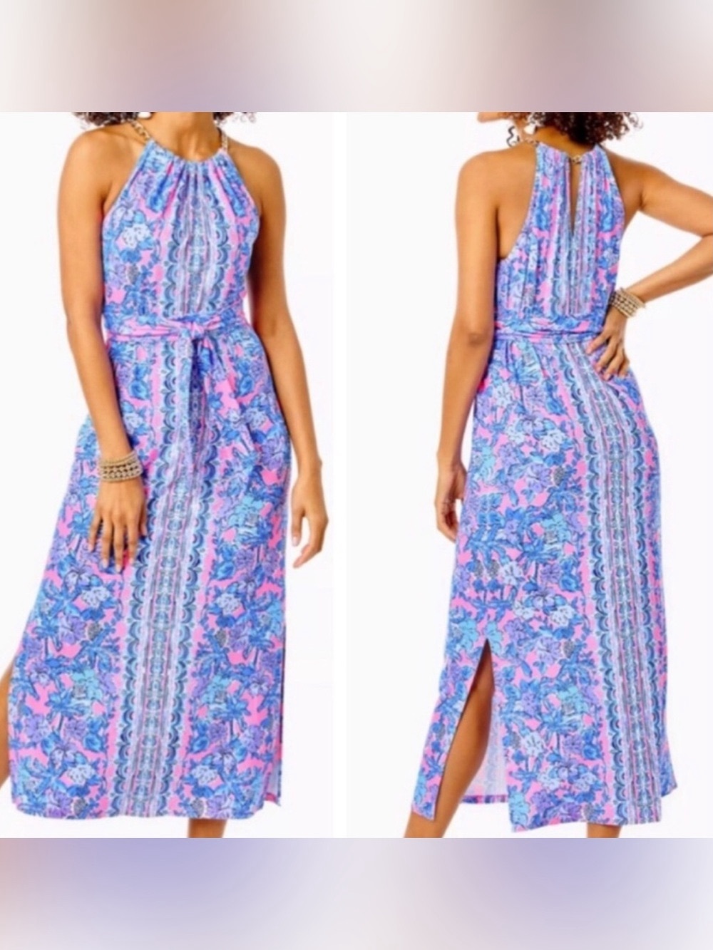 Lilly Pulitzer Bingham Midi Dress Soleil Pink Palm Paradise print chain halter